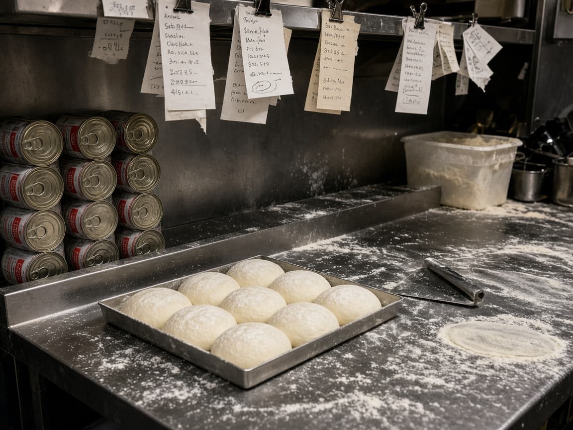 Dough balls and flour on the bench.
