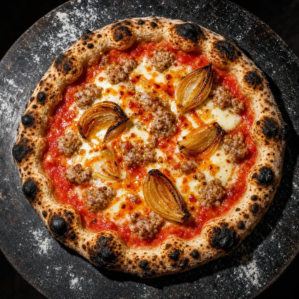 FORNO 17 pizza with sausage, smoked provola, onion and chilli honey.
