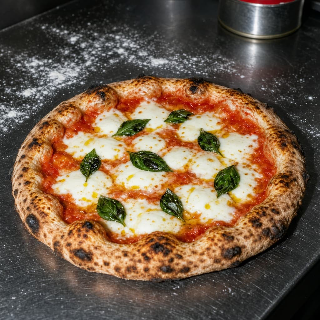 Margherita pizza with tomato, fior di latte and basil.